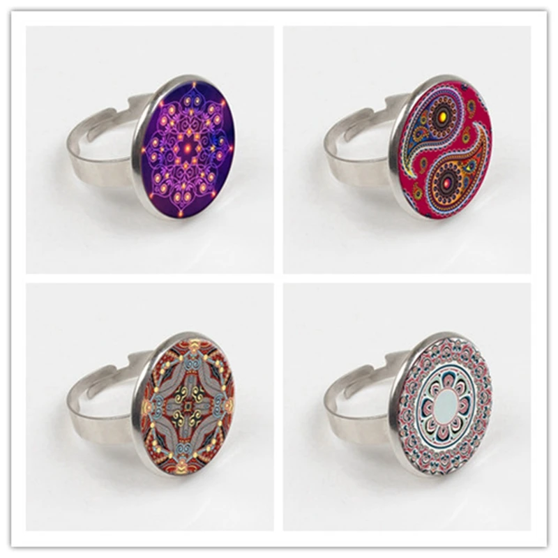 

2019 Vintage fashion Glass ring Statement OM Symbol Buddhist Zen Photo ring Summer Collar ring for Women