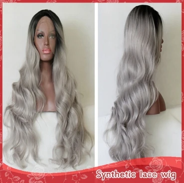 

Synthetic Lace Front Wig Ombre Black/ Grey Glueless Heat Resistant hair Wigs Free shipping US Dark Roots 26inch Stock