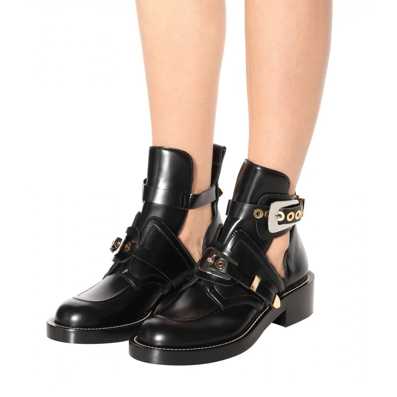 

Teahoo Brand Classic Cut outs Gold Silver Buckle Women Boots Fashion Chunky Heels Punk Ankle Boots for Women Spring Autumn Shoes