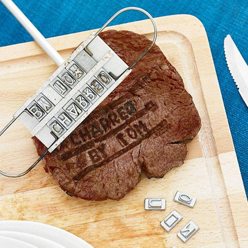 BBQ Branding Iron Wooden Handle Outdoor Barbecue Tools Restaurant Steak Meat Stigma Tools 1pcs Stainless Steel 55 letters 45cm