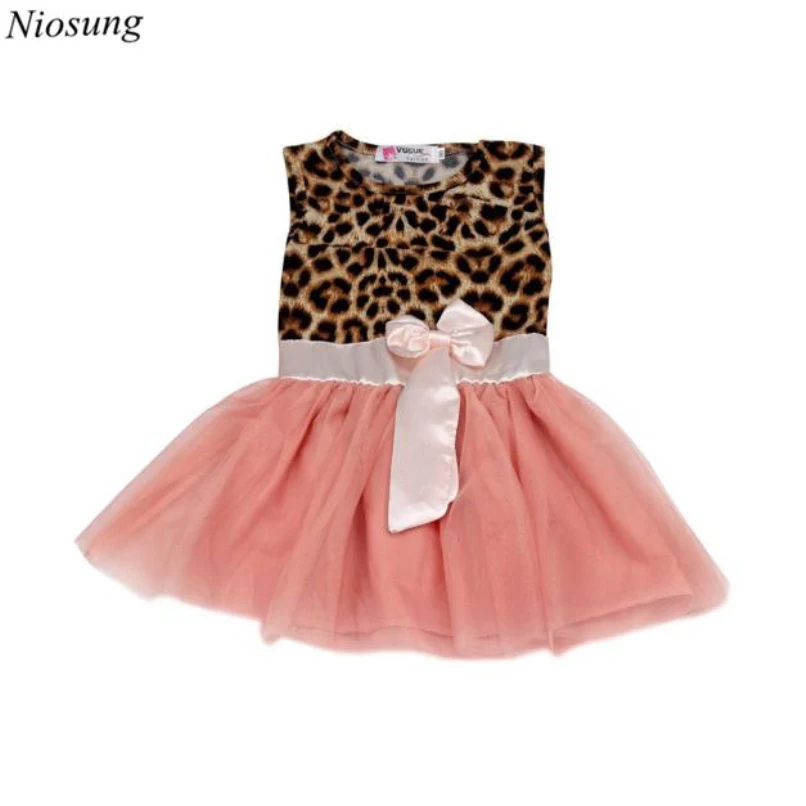 

New 1PC Baby Kids Girls Leopard Printing Sleeveless Bowknot O-Neck A-link Pincess Dress Children Clothes