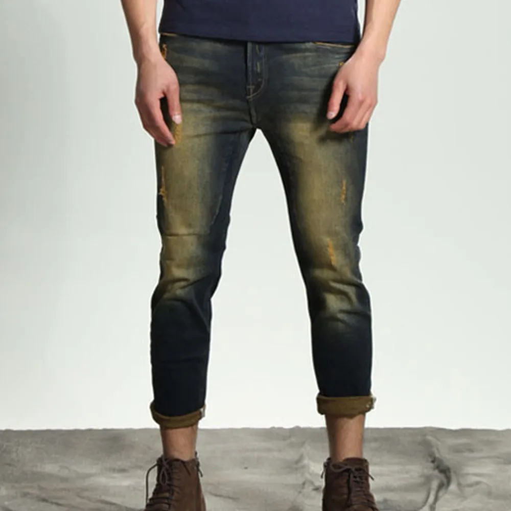 2018 Vintage Washed Coated Ripped Jeans Men Motorcycle