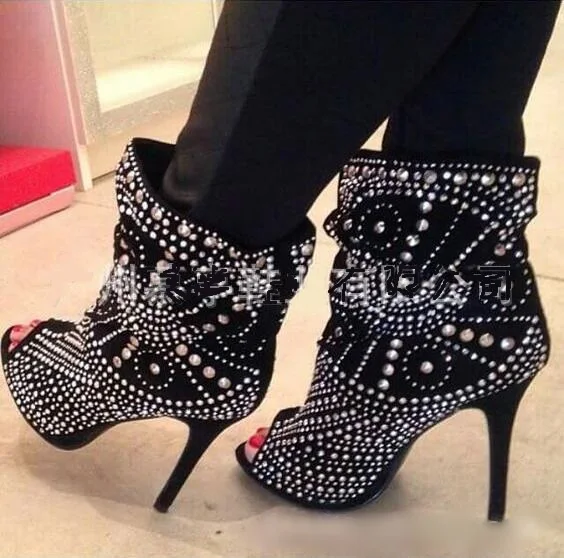 

High Quality Studded Boots Women Peep Toe Black Leather Rivets Womens Ankle Boots Shoes High Heels Women Banquet Dress Shoes
