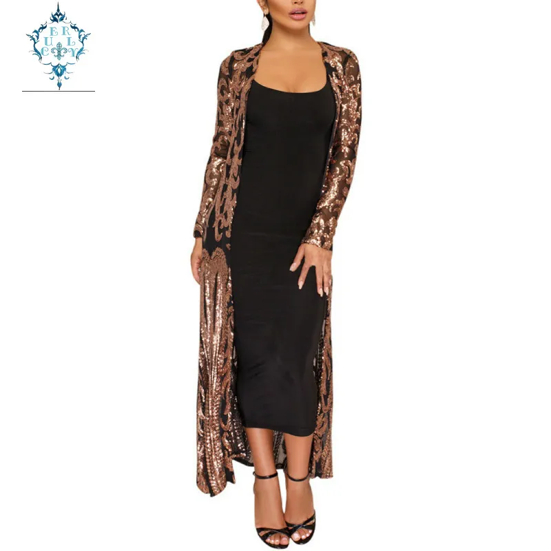 

CUERLY 2019 Summer Women's Sexy sequined perspective cardigan dress Elegant Irregular Geometric print full sleeve maxi dresses