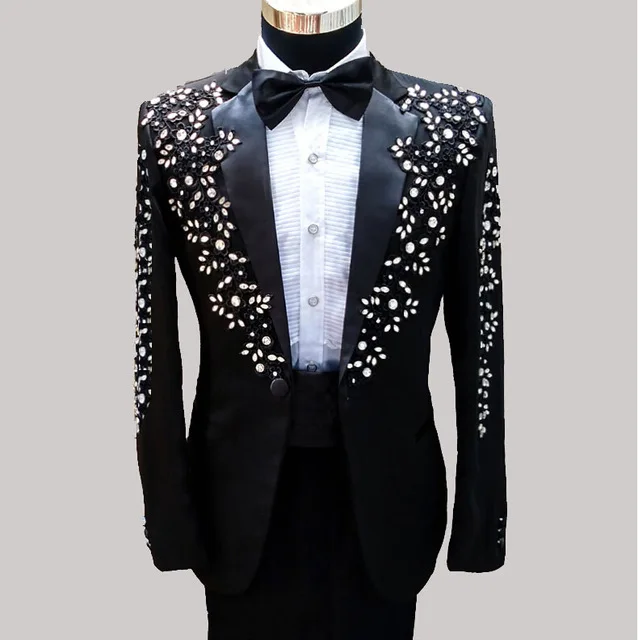 Latest Coat Pant Designs Black Applique Diamond Men Suit Costume Groom
