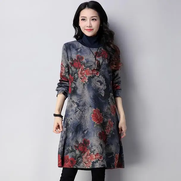 

cotton woolen vintage print plus size women loose autumn winter dress vestidos femininos dresses 2019 DF736