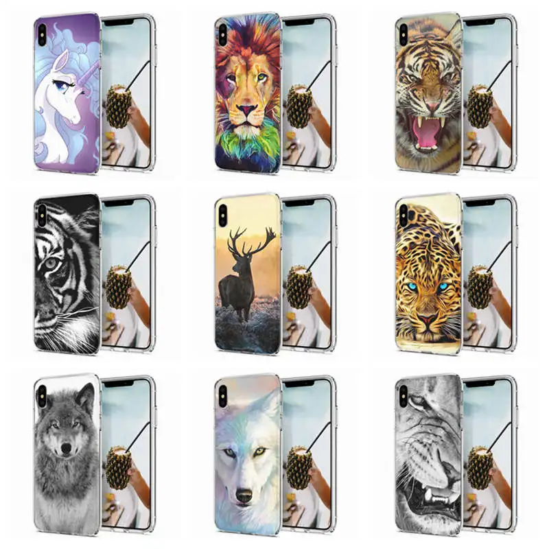 Мягкий чехол для телефона iPhone X XS XR чехлы из ТПУ с красочным рисунком льва волка