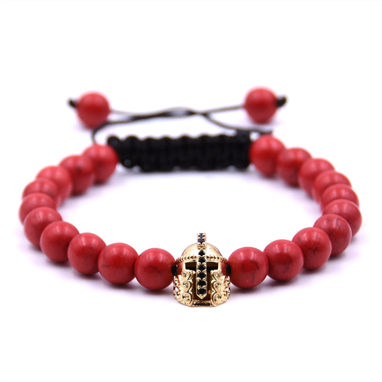 10PCS/LOT Gold Roman Knight Spartan Warrior Gladiator Helmet Bracelet Stone Bead Bracelets Bangle For Men Jewelry