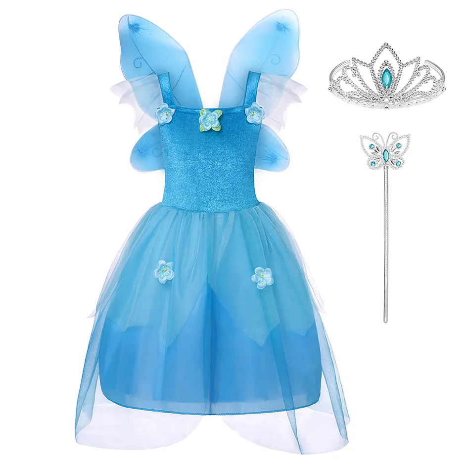 Феи костюм эльфа для девочек От 4 до 8 лет детские голубые сказочные костюмы на Хэллоуин Косплэй Платье Золушки-принцессы с открытыми