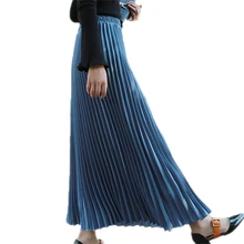 Осенние корейские модные женские туфли Высокая Талия Повседневное плиссированные юбки женские эластичные талии сплошной Цвет ботильоны-Длина юбка макси O319