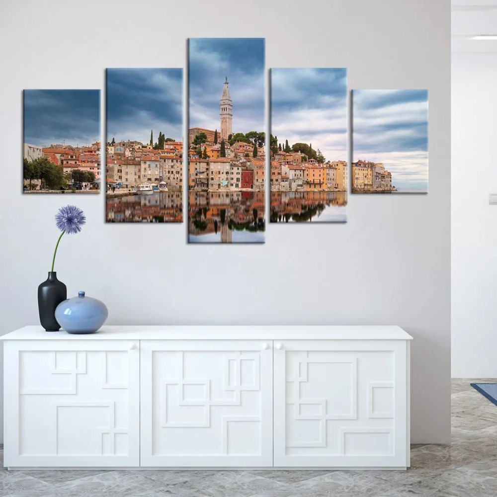 

Modern Decor Wall Art Pictures 5 Pieces Buildings And Lake Scenery HD Prints Framework Artworks Posters Modular Paintings Canvas