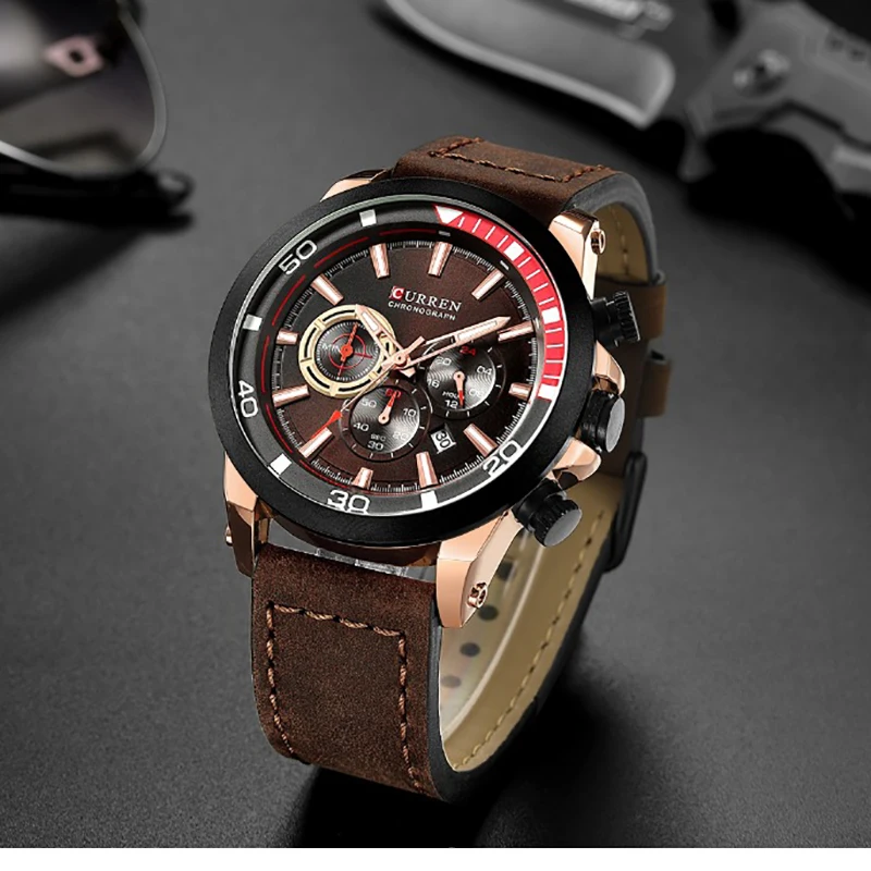 

Men's Chronograph Analog Top Luxury Brand Quartz Watch with Date Luminous Hands Waterproof Leather Strap Wristswatch for Man