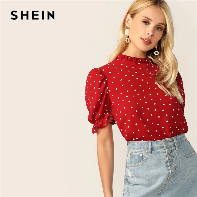 Goede SHEIN Frilled Hals Bladerdeeg Mouw Confetti Hart Print Top Rood Stand Kraag Korte Mouw Blouse Elegante Vrouwen Zomer Blouses