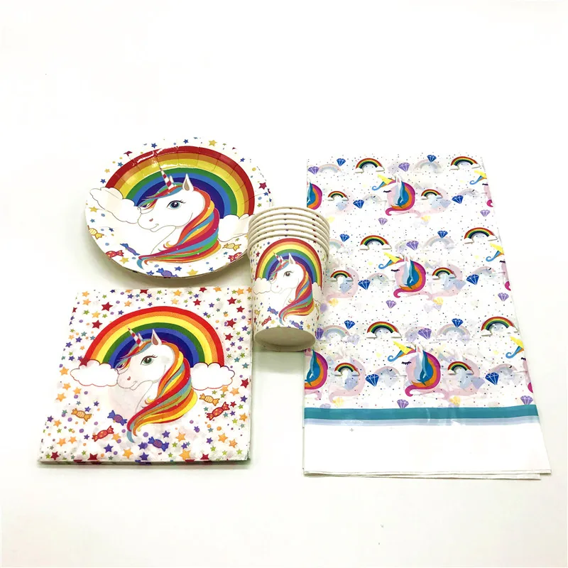 

Hot Sale Rainbow Unicorn Paper Tableware Kid Birthday Party Wedding Unicorn Cup+Plate+Napkin+Tablecover Decoration Supply 35pcs