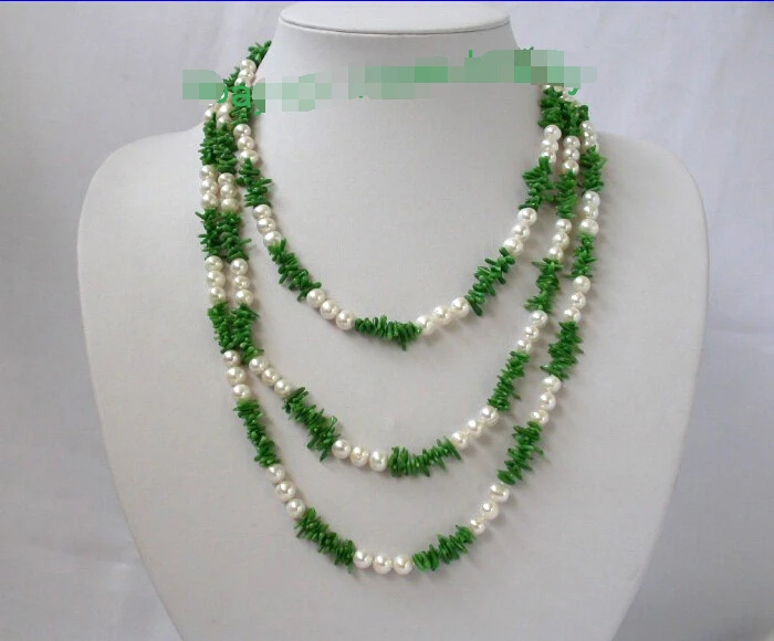 

shippingclassic long 48" 7mm round white freshwater pearls green coral necklace j238