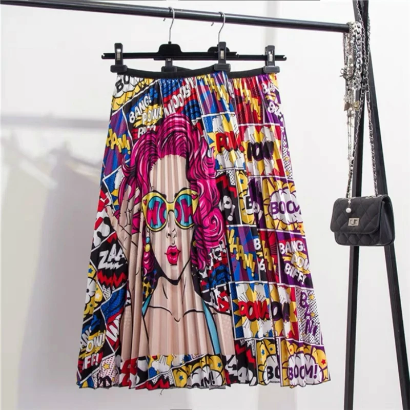 

2019 New-Coming Autumn Printing Lady Hair Pattern Empire High Elastic Women Skirt Party Holiday High Street Style