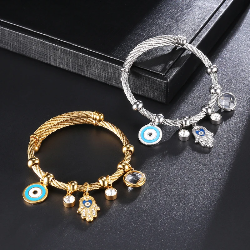 

Islam Eye of Fatima Bangle Stainless Steel Adjustable Wire Bracelets & Bangles for Women Jewelry Daughter of Mohammed Amulet