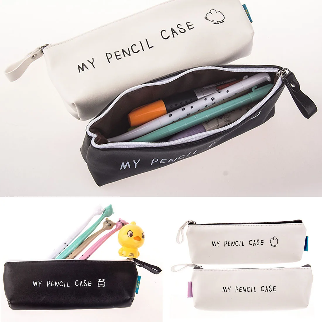 

Simple Cartoon Triangle My Pencil Case Classical Black and White Color School Stationery Pen Bag Waterproof PU Leather Pen Bags