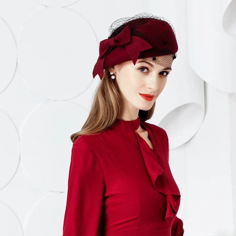 New Fashion Wool Hat Women Vintage Red Ladies Wool Felt Winter