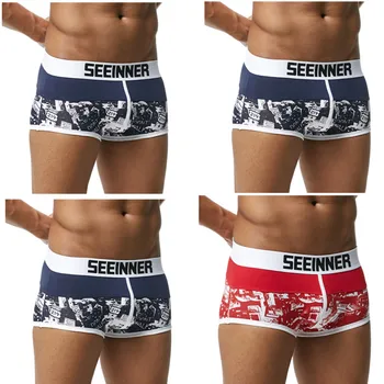 

4PCS SEEINNER Men Breathable Cotton Male Panties U convex pouch Cueca Soft Boxer shorts Printed Underpants Gay Pants Underwear