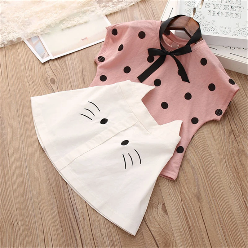 

2019 girls clothing sets with skirt cartoon animal summer toddler girls clothing sets 2pcs kids clothes 3-7y cat lovely pattern