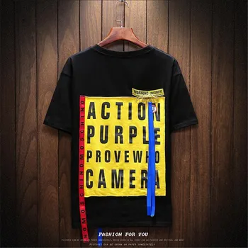 

2018 Mens Tshirts Summer New Casual Back Letters Printed Men Tshirt Fashion Loose Round Neck Short Sleeve With Rope T shirt Man