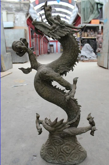

xiuli 003859 32" Chinese Folk Feng Shui Bronze Zodiac Year Dragon Play Bead Animal Statue