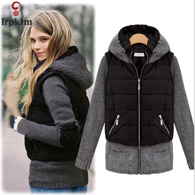 

2018 Autumn New Women's Cotton Coat Women's Knit Stitching Fake Two Piece Jackets Hooded Fashion Slim Leisure Outwear CH398