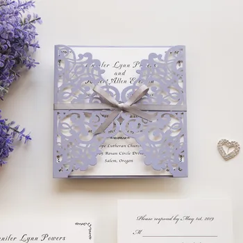 

Romantic Violet Laser Cut Wedding Invitation with grey ribbon bowknot