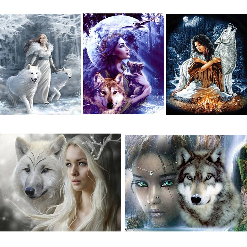 

Full Square Diamond 5D DIY Diamond Painting Wolf And Beauty Girl Embroidery Cross Stitch Rhinestone Mosaic Painting Home Decor