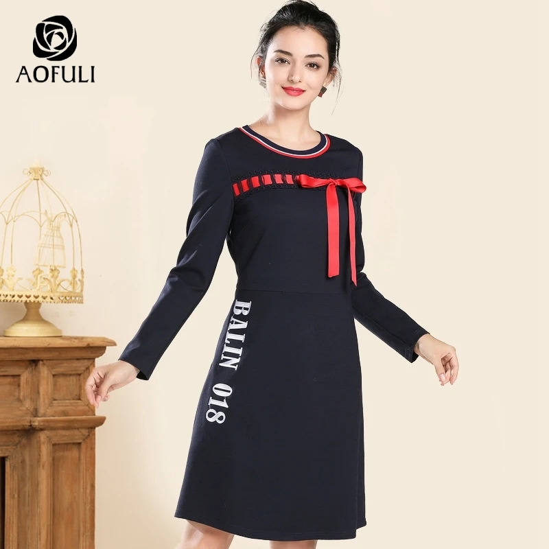 

AOFULI L~ XXXL 4XL 5XL women bow tie long sleeve dress blue knee length winter dress letter embroidered plus size clothes A3787