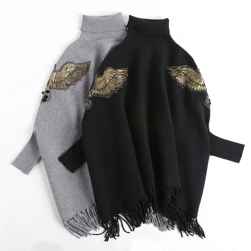 New autumn winter Runway black gray Embroidered bead ponchos and capes pullovers knitted wool sweater women christmas Coat 2122 New autumn winter Runway black gray Embroidered bead ponchos and capes pullovers knitted wool sweater women christmas Coat 2122