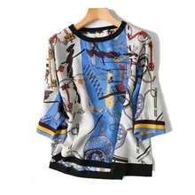 Женская весенне-летняя Модная шелковая футболка контрастного цвета с принтом пуловер с коротким рукавом футболки футболка из натурального хлопка синего цвета один размер