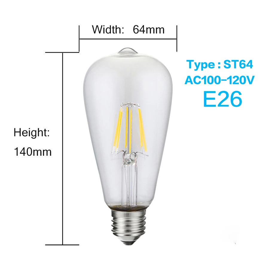LUCKY светодиодный Светодиодный светильник E27 E14 2 Вт 4 Вт 6 Вт 8 Вт лампа накаливания Эдисона с регулируемой яркостью 110 В 220 В винтажные лампы в форме свечи для внутреннего освещения - Испускаемый цвет: ST64 E26 110V