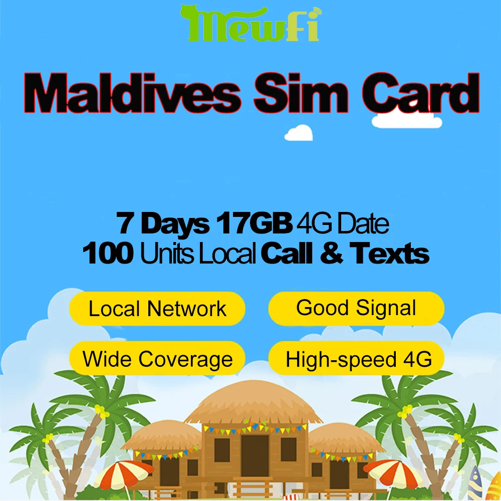 

Mewfi DHIRAAG Maldives Travel Sim Card 7 Days 17GB 4G Data+100 Units Local Call+Text Triple Mobile Phone Sim Card Local Network
