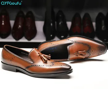 

QYFCIOUFU Vintage Fashion British Style Formal Shoes Men Dress Shoes Genuine Leather Men's Slip-on Tassel Handmade Office Shoes