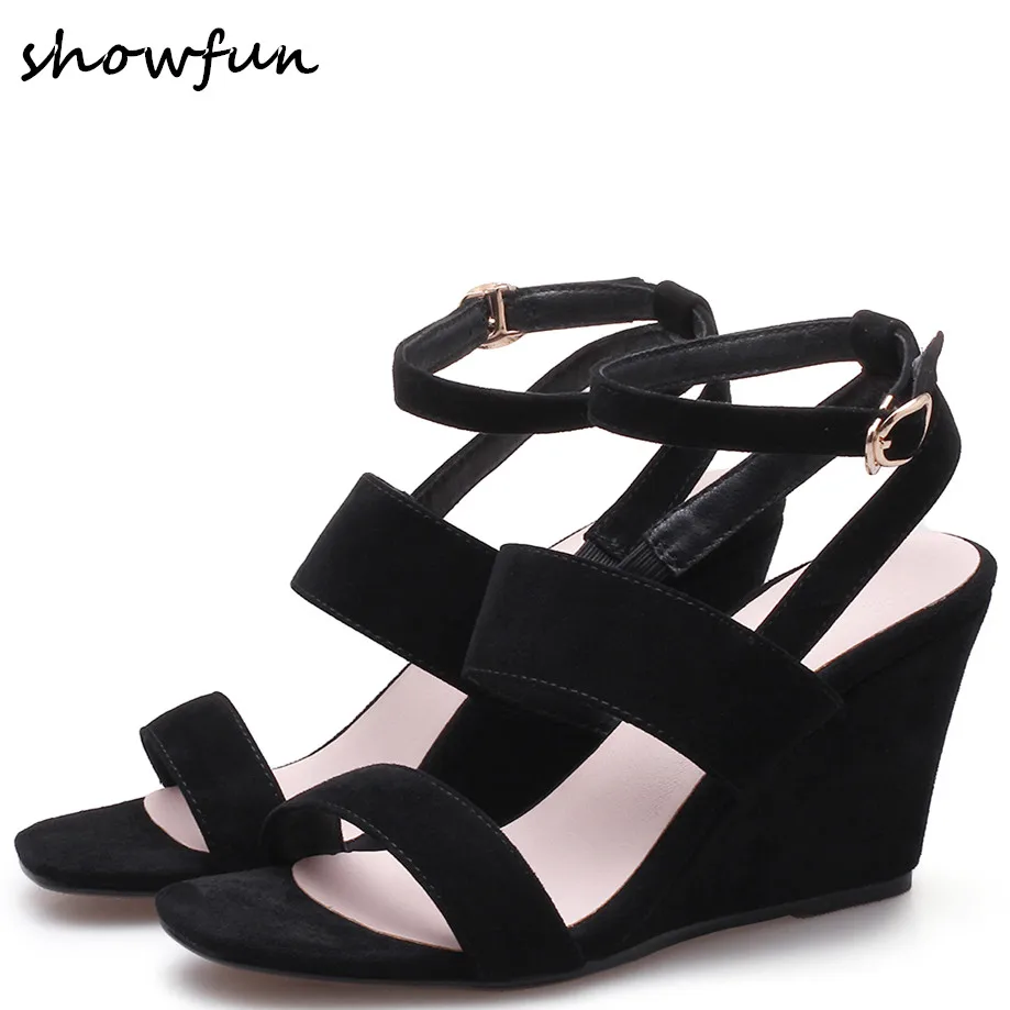 

Women's genuine suede leather wedge ankle strap sandals brand designer open toe summer comfore leisure ladies high heels shoes