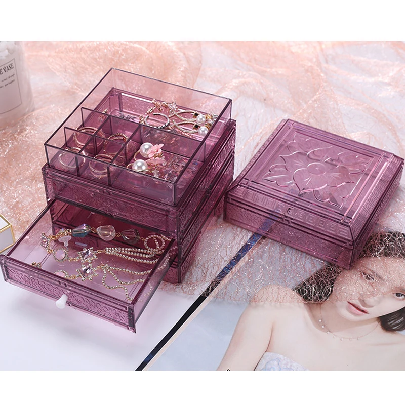 

Clear Acrylic Jewelry Storage Case Jewelry Box Drawer Makeup Organizer Ring Earring Container Casket Jewelry Display Desk Decor