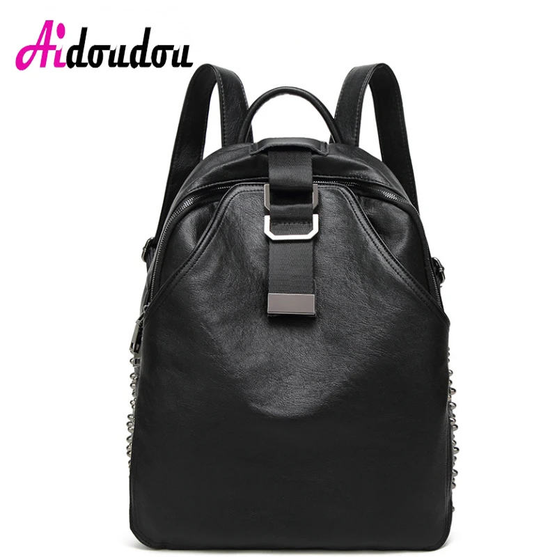 

AIDOUDOU Belt Backpack Women Leather Fashion School Bag Rivet Sack Bag Schoolbag Sheepskin +PU College Mochila Notebook 0405G85
