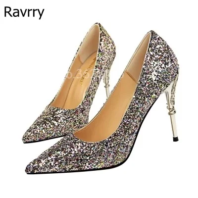 

Ravryy Bling Bling Rhinestone Wedding Thin High Heel Shallow Pointed Toe Multi-color Metal Decoration Pumps