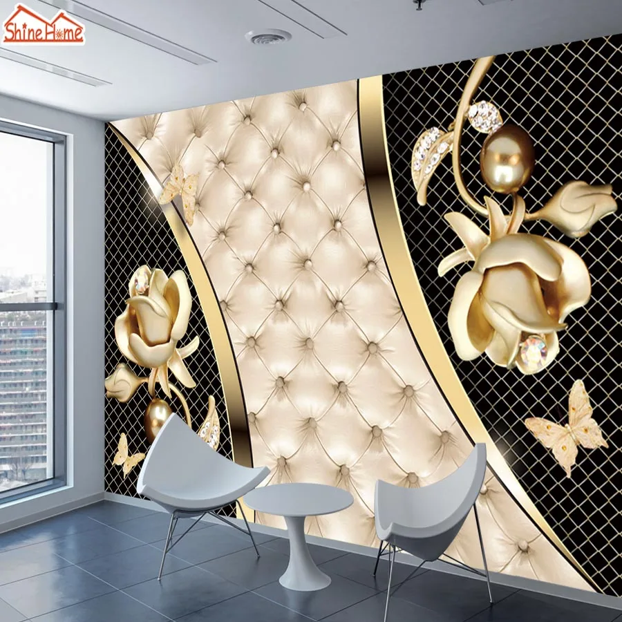 

ShineHome-Embossed Wallpaper Luxurious Gold Rose Flower Blossom Soft Roll Wall Murals Rolls Paper Wallpapers for 3 d Living Room