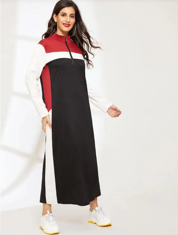 

Spring Cotton Dress Teenagers Students Sport Zipper Long Dress Young Girl Casual Patchwork Muslim Arabic Dress 688