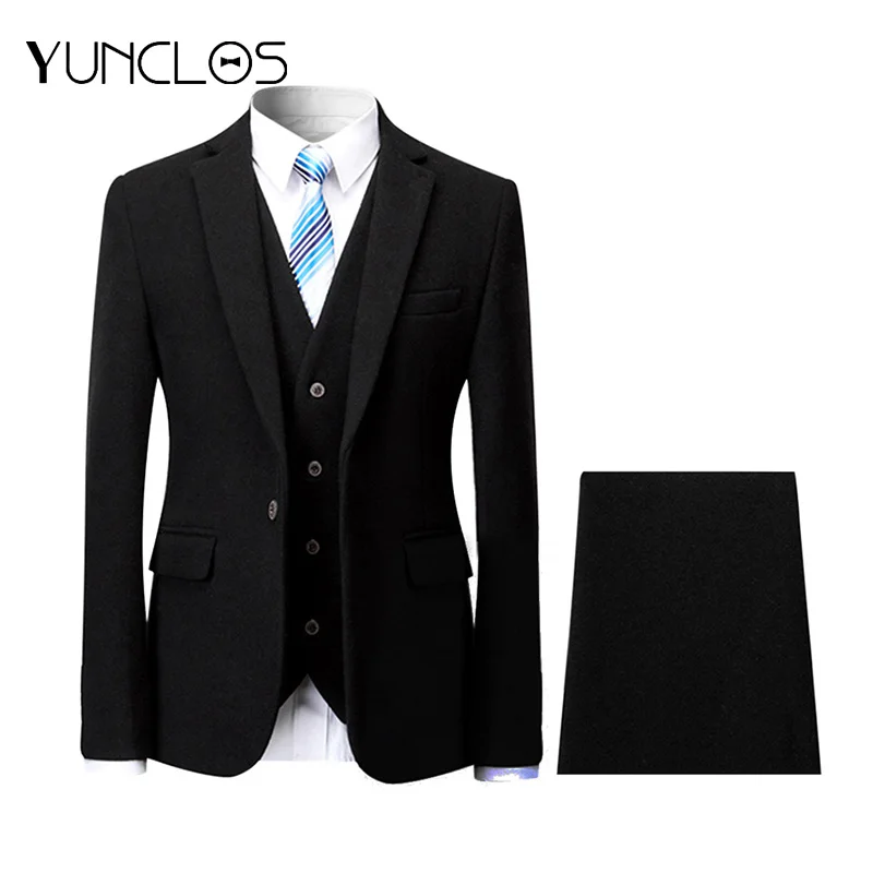 

YUNCLOS Men Wool Suits Two Buttons Jackets+ Pant Business Suits Wedding Party Dress Casual Slim Woolen Men Suit Tuexdos