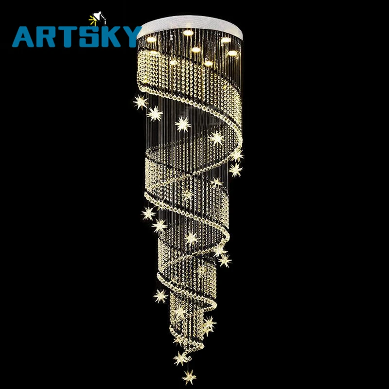 

ARTSKY moon and star spiral design crystal chandelier lustre stair light fixture for hotel hallway