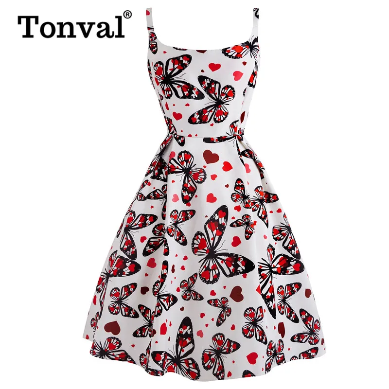 

Tonval Cute Butterfly and Heart Print Tank Dress Square Neck 100% Polyester White Dress Women Summer Midi Dresses