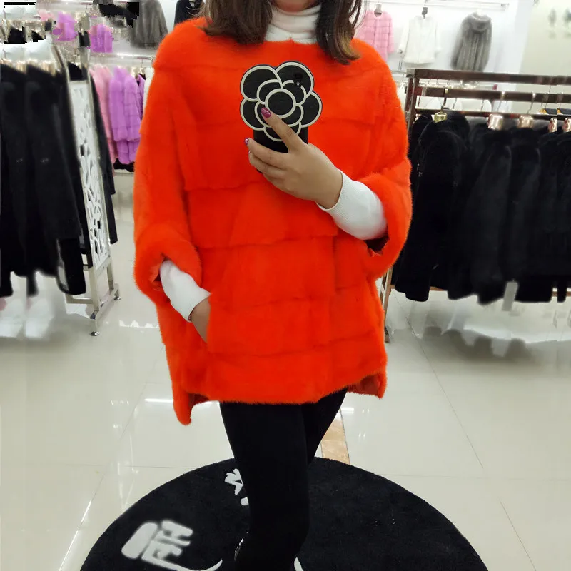 Роскошный женский шуба из натуральной норки в полоску пуловер пальто - Цвет: orange