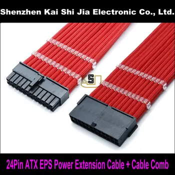 

12" High quality 24Pin ATX EPS PSU Red Single Sleeved Power Extension Cable + 2PCS Clear Cable Comb