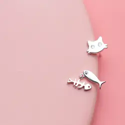 Горячая продажа подлинное серебро 925 пробы Кошка маленькая кошка и Рыба Серьги гвоздики для женщин Brincos Ювелирные Изделия