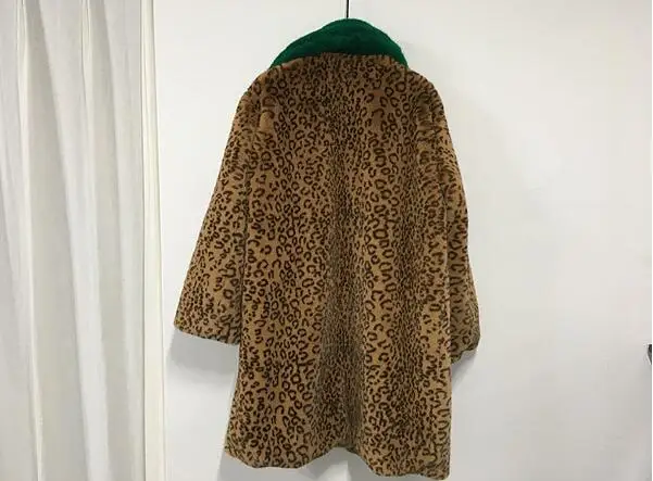 Зеленое Длинное леопардовое пальто с зубчатым воротником и ворсом из искусственного кроличьего меха, Ретро стиль, зимняя теплая куртка средней длины, верхняя одежда