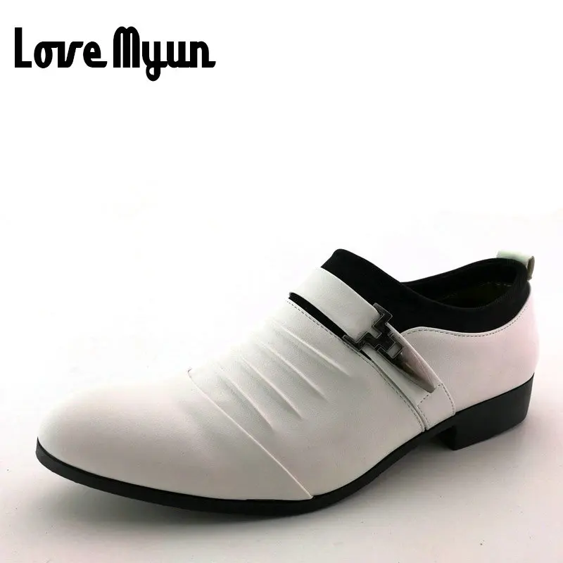 Для мужчин PU кожаные туфли белые модельные туфли черный обувь в деловом стиле с острым носком Роскошные балетки повседневные туфли-оксфорды без шнуровки размеры 38–44 AB-09